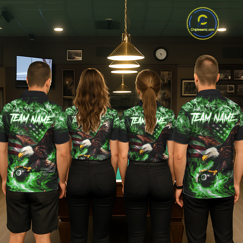 Green Flaming Eagle 8 Ball Billiard Shirt For Women Custom US Flag Pool Team Jersey Polo & 1/ 4 Zip TDM6153