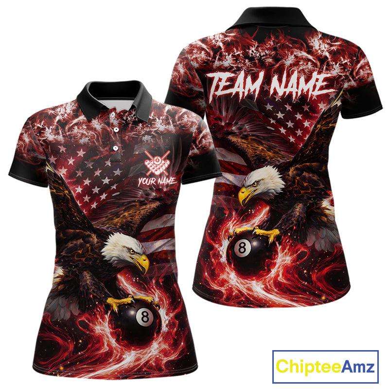 Red Flaming Eagle 8 Ball Billiard Shirt For Women Custom US Flag Pool Team Jersey Polo & 1/ 4 Zip TDM6154