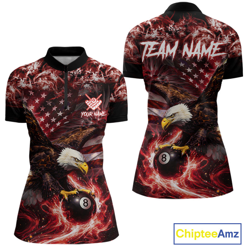 Red Flaming Eagle 8 Ball Billiard Shirt For Women Custom US Flag Pool Team Jersey Polo & 1/ 4 Zip TDM6154