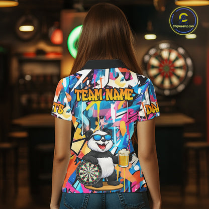 Funny Panda Colorful Graffiti Darts Shirt For Women Custom Darts Team Jersey Polo & 1/4 Zip TDM6394