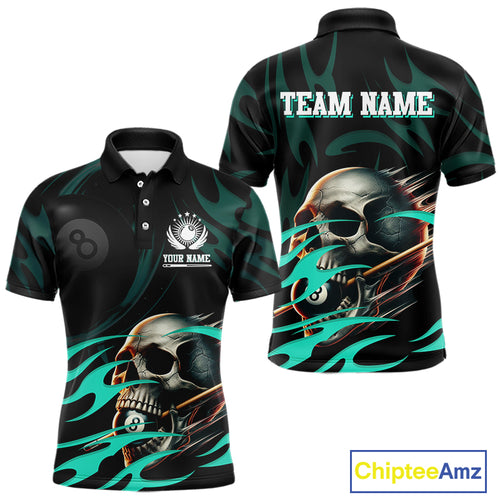 Turquoise Funny Skull 8 Ball Pool Shirt For Men Custom Billiard Team Jersey Polo & 1/4 Zip TDM4424