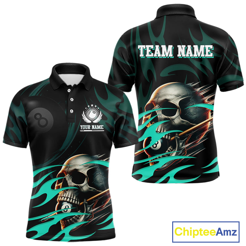 Turquoise Funny Skull 8 Ball Pool Shirt For Men Custom Billiard Team Jersey Polo & 1/4 Zip TDM4424