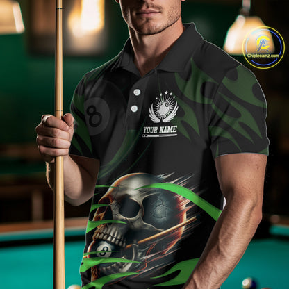 Green Funny Skull 8 Ball Pool Shirt For Men Custom Billiard Team Jersey Polo & 1/4 Zip TDM4425