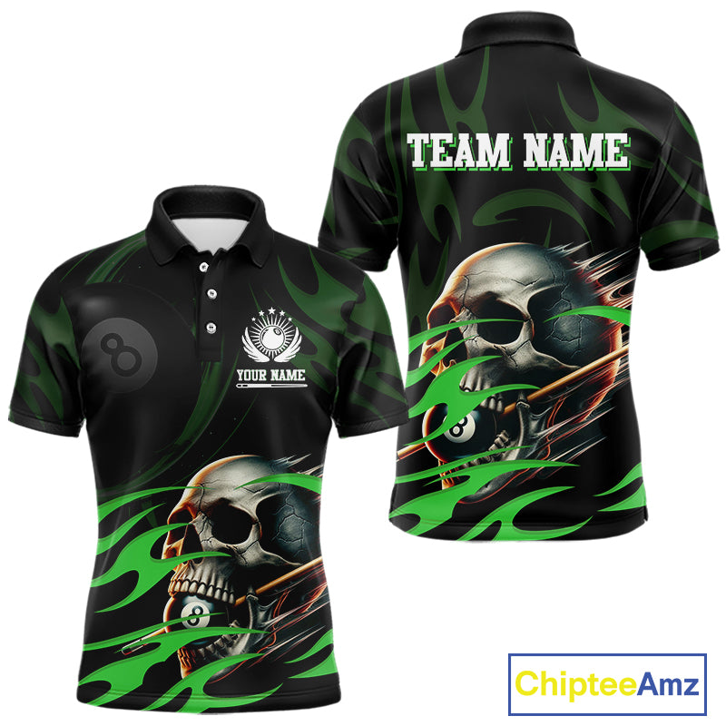 Green Funny Skull 8 Ball Pool Shirt For Men Custom Billiard Team Jersey Polo & 1/4 Zip TDM4425