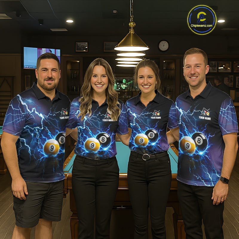 Pool Team Wearing Personalized Blue Thunder Lightning 8 Ball 9 Ball Billiard Jerseys During League Competition and Tournament Matches, Front View