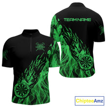 Load image into Gallery viewer, Black And Green Flame Fire Darts Polo &amp; Quarter Zip Custom Dart Shirt For Men Dart Jerseys TDM4857