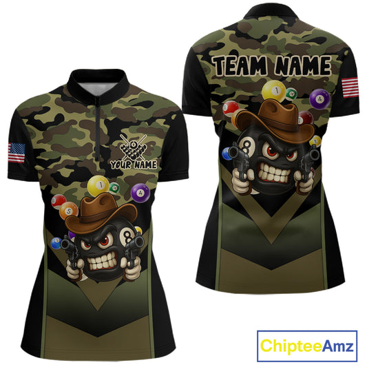 Personalized Green Camo Funny 8 Ball Billiard Shirt For Women Custom Pool Team Jersey Polo & 1/4 Zip TDM5287