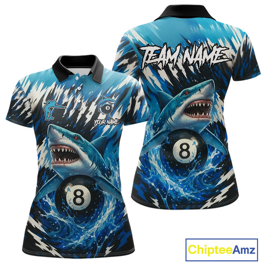 Blue Shark 8 Ball Billiard Shirt For Women Custom Billiard Jersey, Pool Team Shirt Polo & 1/4 Zip TDM5290