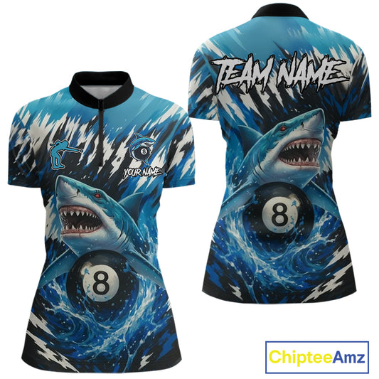 Blue Shark 8 Ball Billiard Shirt For Women Custom Billiard Jersey, Pool Team Shirt Polo & 1/4 Zip TDM5290