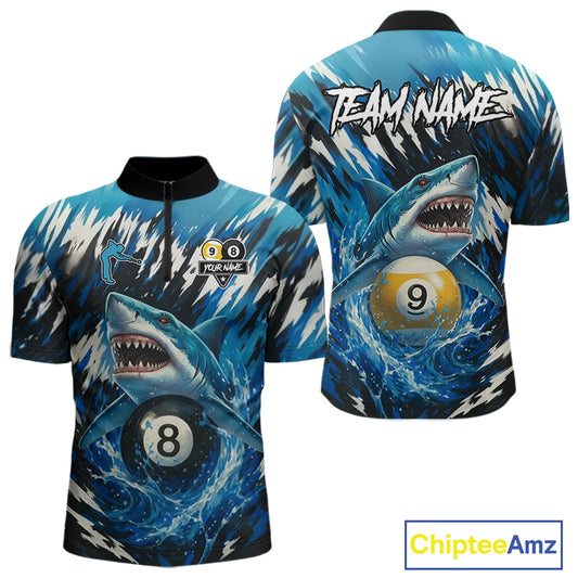 Custom Funny Blue Shark 8 Ball & 9 Ball Billiard Shirt For Men, Pool Team Shirt Polo & 1/4 Zip TDM5291