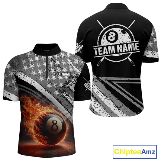Personalized US Flag 8 Ball Pool Fire Billiard Shirt For Men Custom Grunge Billiard Team Jersey TDM5544
