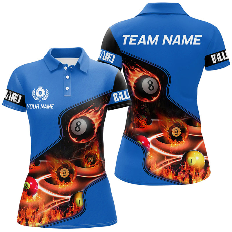 Personalized Master Billiard Balls Flame 3D Women Polo Shirts, Blue Billiard Jersey For Pool Player TDM0978