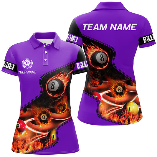 Personalized Master Billiard Balls Flame 3D Women Polo Shirts, Purple Billiard Jersey For Pool Player TDM0980