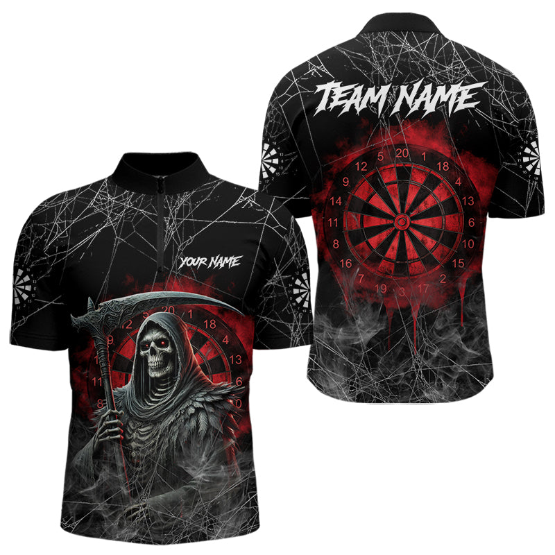 Black And Red Smoke Grim Reaper Funny Dart Shirts For Men Custom Dart Jerseys, Darts Clothing TDM3785