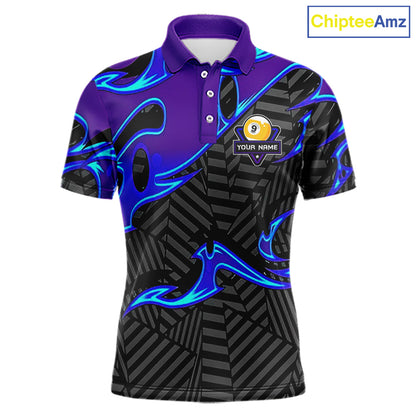 Personalized Blue Purple 9 Ball Pool Billiards Shirts For Men, Billiard Team Jersey Polo &1/4 Zip TDM6403