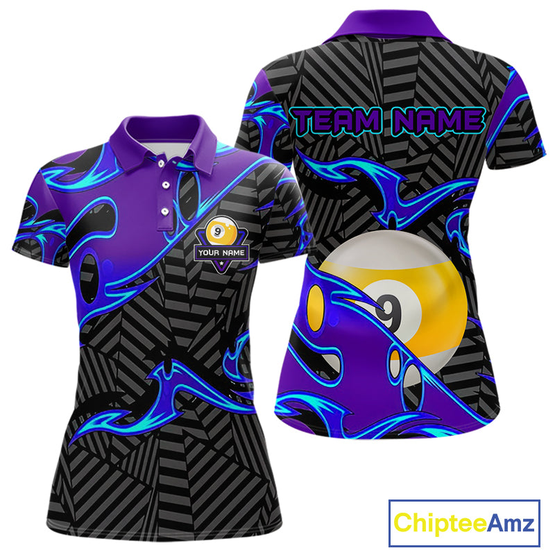 Personalized Blue Purple 9 Ball Pool Billiards Shirts For Women, Billiard Team Jersey Polo & 1/4 Zip TDM6403