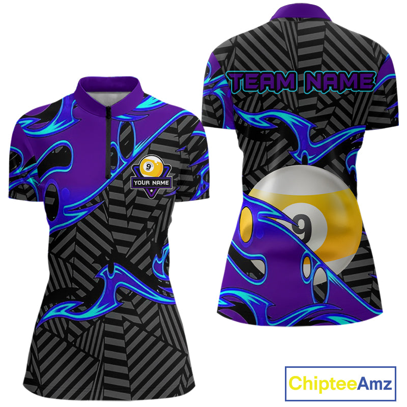 Personalized Blue Purple 9 Ball Pool Billiards Shirts For Women, Billiard Team Jersey Polo & 1/4 Zip TDM6403