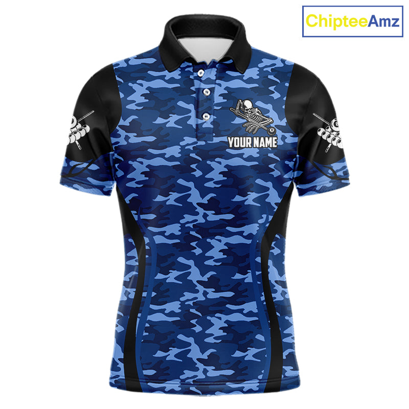 Personalized Blue Camo Skull Billiard Shirt For Men, 8 Ball Billiard Team Jersey Polo & 1/4 Zip TDM6399