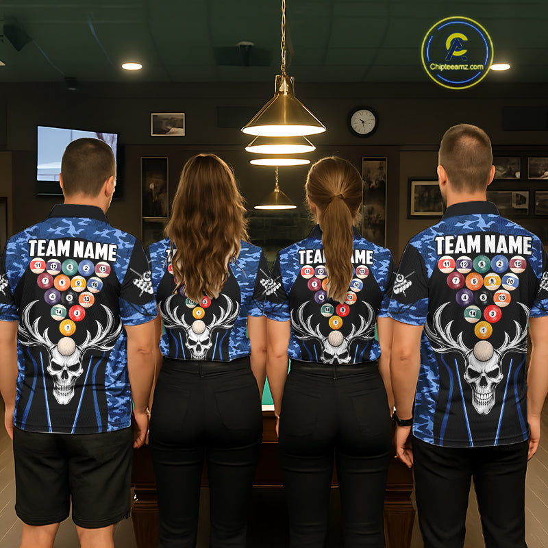 Personalized Blue Camo Skull Billiard Shirt For Women, 8 Ball Billiard Team Jersey Polo & 1/4 Zip TDM6399