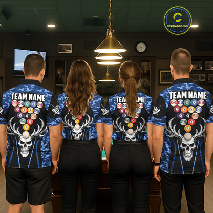 Personalized Blue Camo Skull Billiard Shirt For Women, 8 Ball Billiard Team Jersey Polo & 1/4 Zip TDM6399