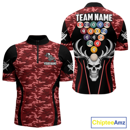 Personalized Red Camo Skull Billiard Shirt For Men, 8 Ball Billiard Team Jersey Polo & 1/4 Zip TDM6400