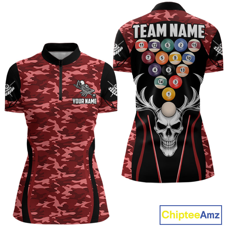 Personalized Red Camo Skull Billiard Shirt For Women, 8 Ball Billiard Team Jersey Polo & 1/4 Zip TDM6400