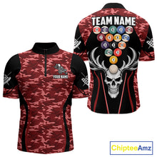 Load image into Gallery viewer, Personalized Red Camo Skull Billiard Shirt For Men, 8 Ball Billiard Team Jersey Polo &amp; 1/4 Zip TDM6400