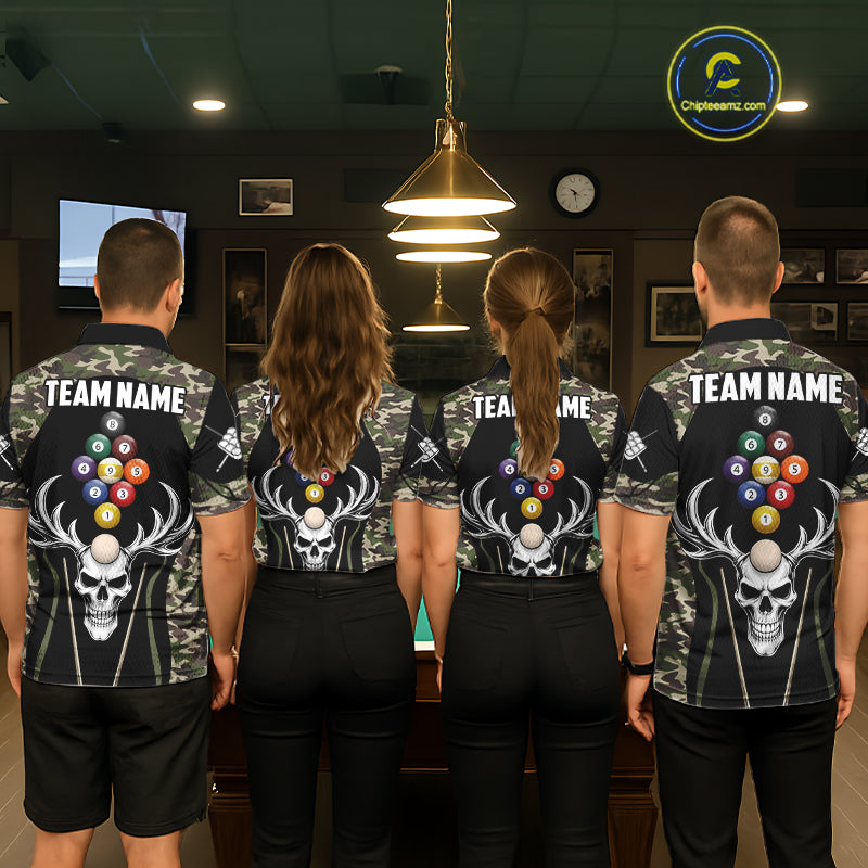 Personalized Green Camo Skull Billiard Shirt For Men, 9 Ball Billiard Team Jersey Polo & 1/4 Zip TDM6401