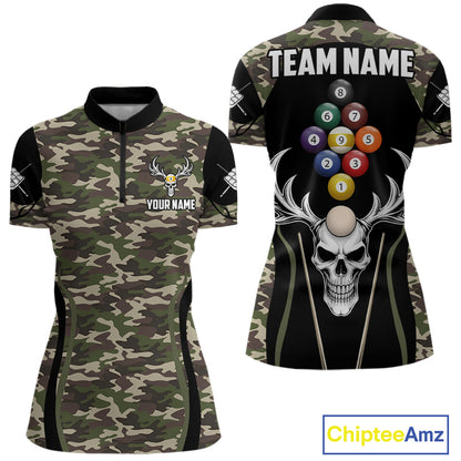 Personalized Green Camo Skull Billiard Shirt For Women, 9 Ball Billiard Team Jersey Polo & 1/4 Zip TDM6401