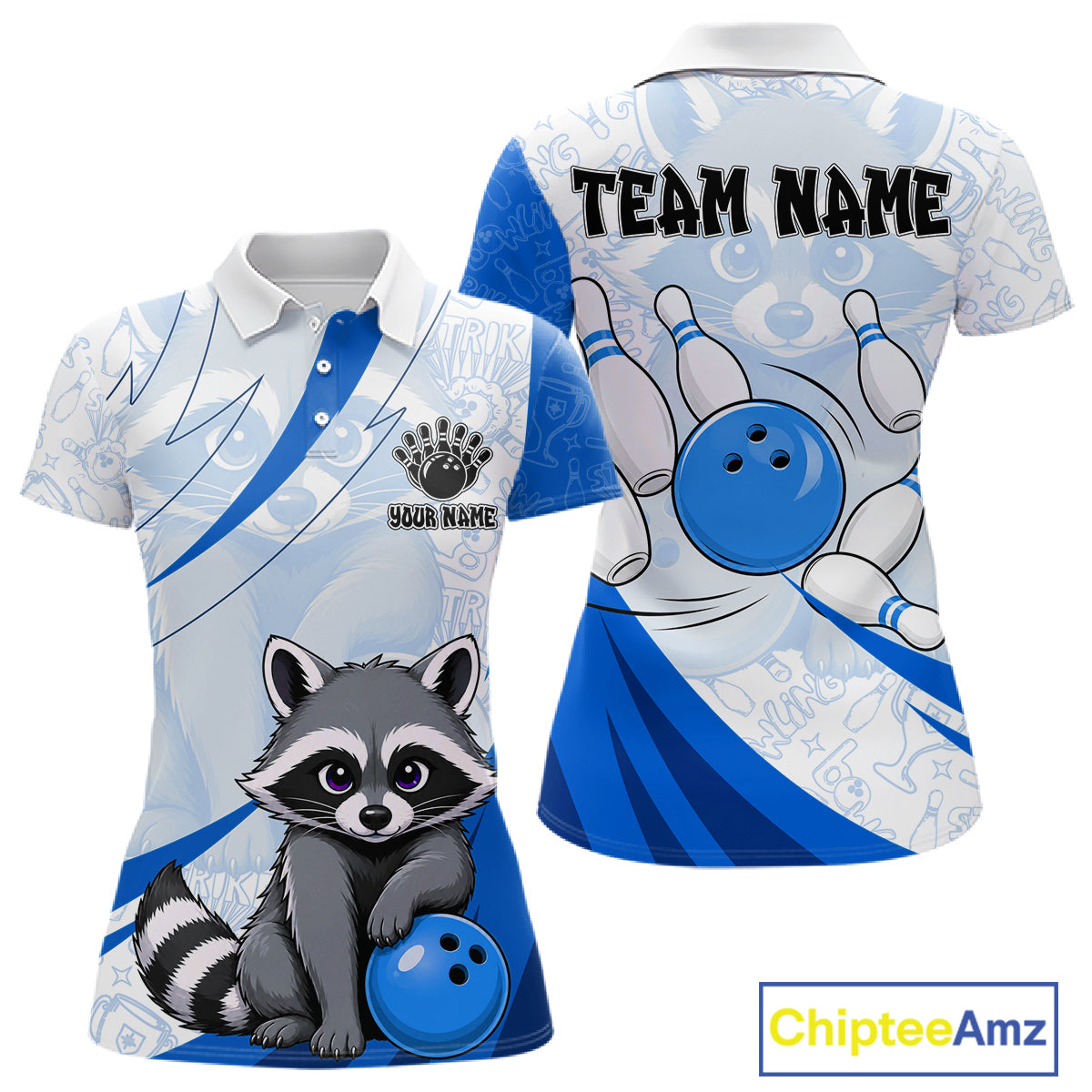 Custom Blue Funny Raccoon Bowling Jersey For Women Custom Bowling Shirts Team Polo & Quarter Zip TDM6593