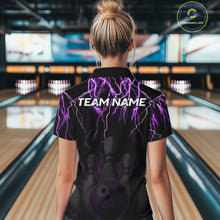 Load image into Gallery viewer, Woman wearing a black and purple thunder lightning lion quarter zip bowling shirt front view, personalized bowling team apparel.