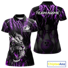 Load image into Gallery viewer, Black and purple thunder lightning lion custom bowling polo shirt for women, personalized bowling team jersey for league tournaments.