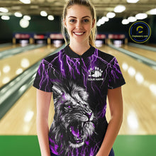 Load image into Gallery viewer, Woman wearing a black and purple thunder lightning lion bowling polo shirt front view, custom bowling league jersey for women.