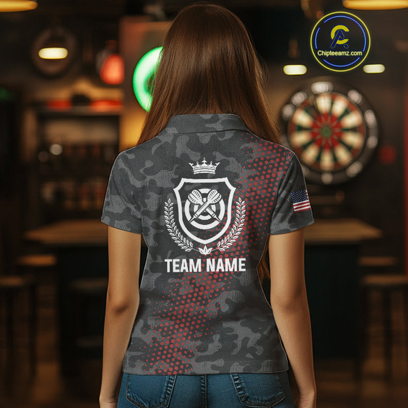 Red And Grey Camo Darts Shirt For Women Custom Camouflage Darts Team Jerseys Polo & Quarter Zip TDM4432