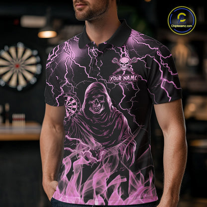 Man Wearing Pink Grim Reaper Fire Flame Darts Polo Shirt with Athletic Performance Fit and Eye Catching Flame Graphic Artwork, Front View