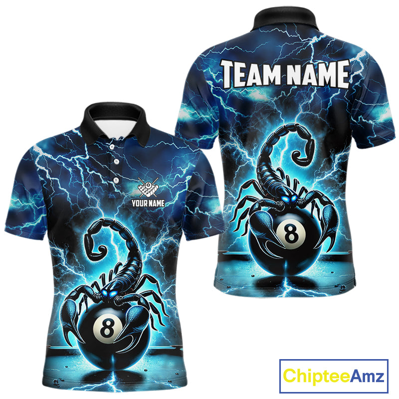Blue Lightning Thunder Scorpion 8 Ball Pool Polo & 1/4 Zip For Men Custom Billiard Team Jersey TDM4861