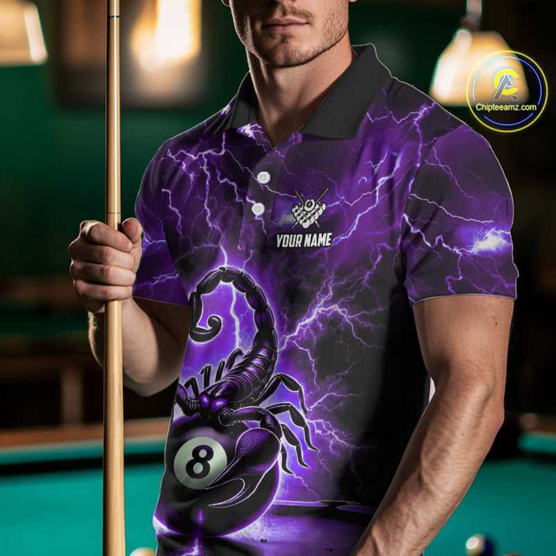 Purple Thunder Lightning Scorpion 8 Ball Pool Polo & 1/4 Zip For Men Custom Billiard Team Jersey TDM4862