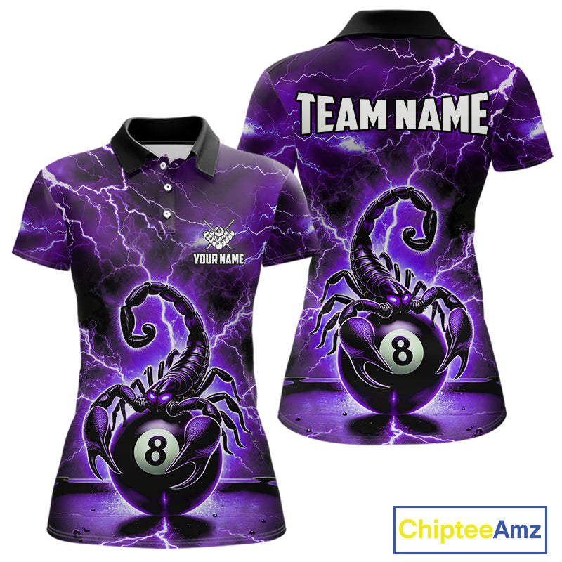 Purple Thunder Lightning Scorpion 8 Ball Pool Polo & 1/4 Zip For Women Custom Billiard Team Jersey TDM4862