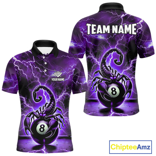 Purple Thunder Lightning Scorpion 8 Ball Pool Polo & 1/4 Zip For Men Custom Billiard Team Jersey TDM4862