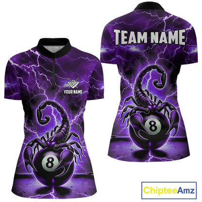 Purple Thunder Lightning Scorpion 8 Ball Pool Polo & 1/4 Zip For Women Custom Billiard Team Jersey TDM4862