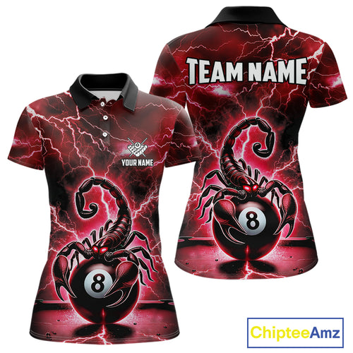Red Lightning Thunder Scorpion 8 Ball Pool Polo & Quarter Zip For Women Custom Billiard Team Jersey TDM4863