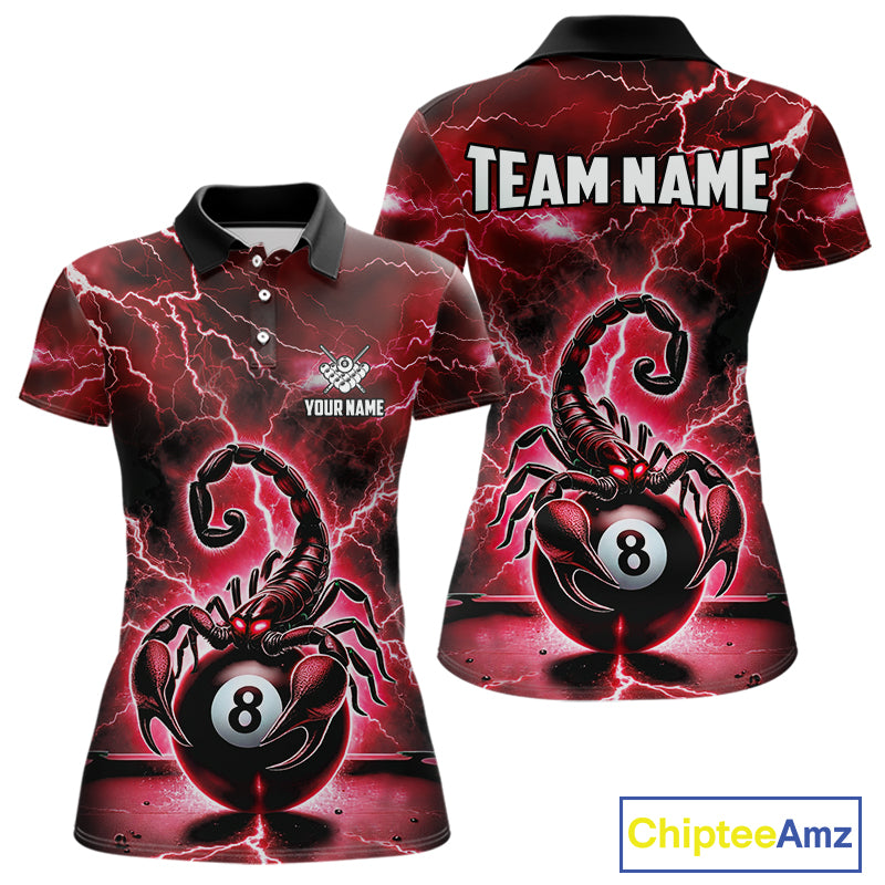 Red Lightning Thunder Scorpion 8 Ball Pool Polo & Quarter Zip For Women Custom Billiard Team Jersey TDM4863