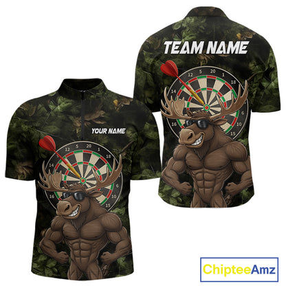 Personalized Green Camo Funny Moose Darts Shirts For Men Custom Darts Jersey Team Polo & 1/4 Zip TDM5301