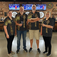 Load image into Gallery viewer, Personalized Gold Black Tribal Darts Shirt For Men Custom Darts Jersey Team Polo &amp; Quarter Zip TDM5557