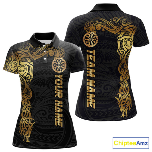 Personalized Gold Black Tribal Darts Shirt For Women Custom Darts Jersey Team Polo & Quarter Zip TDM5557