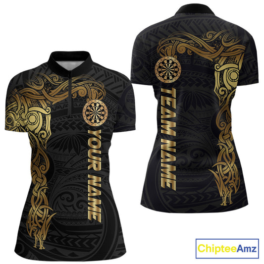 Personalized Gold Black Tribal Darts Shirt For Women Custom Darts Jersey Team Polo & Quarter Zip TDM5557