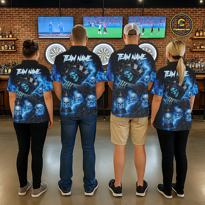 Blue Grim Reaper Flame Darts Shirt For Men Custom Skull Darts League Jersey Team Polo & Quarter Zip TDM5560