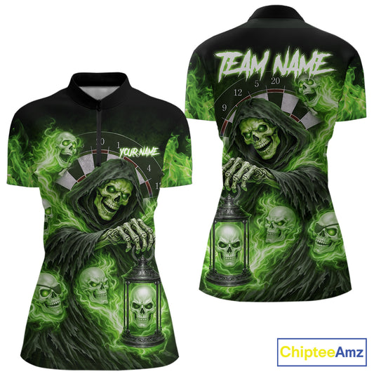 Green Grim Reaper Flame Darts Shirt For Women Custom Skull Darts League Jersey Team Polo & 1/4 Zip TDM5561