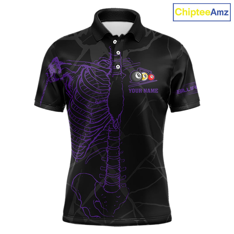 Black And Purple Funny Skeleton Billiard Polo & 1/4 Zip For Men Custom Billiard Pool Team Jersey TDM5798