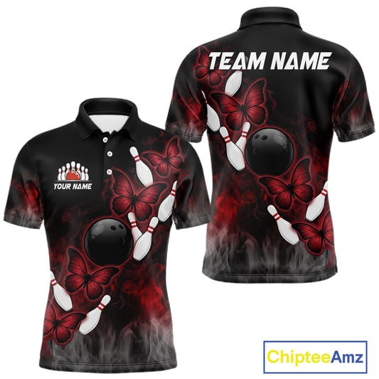 Black And Red Custom Butterfly Bowling Shirt For Men, Bowling Team Jersey Polo & Quarter Zip Shirt TDM6179